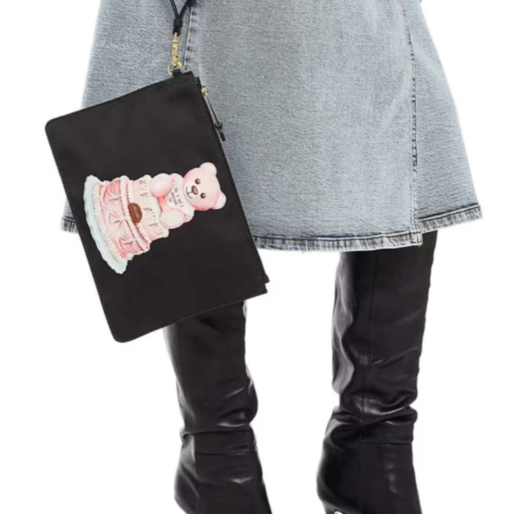 Leather-trimmed printed satin-twill pouch